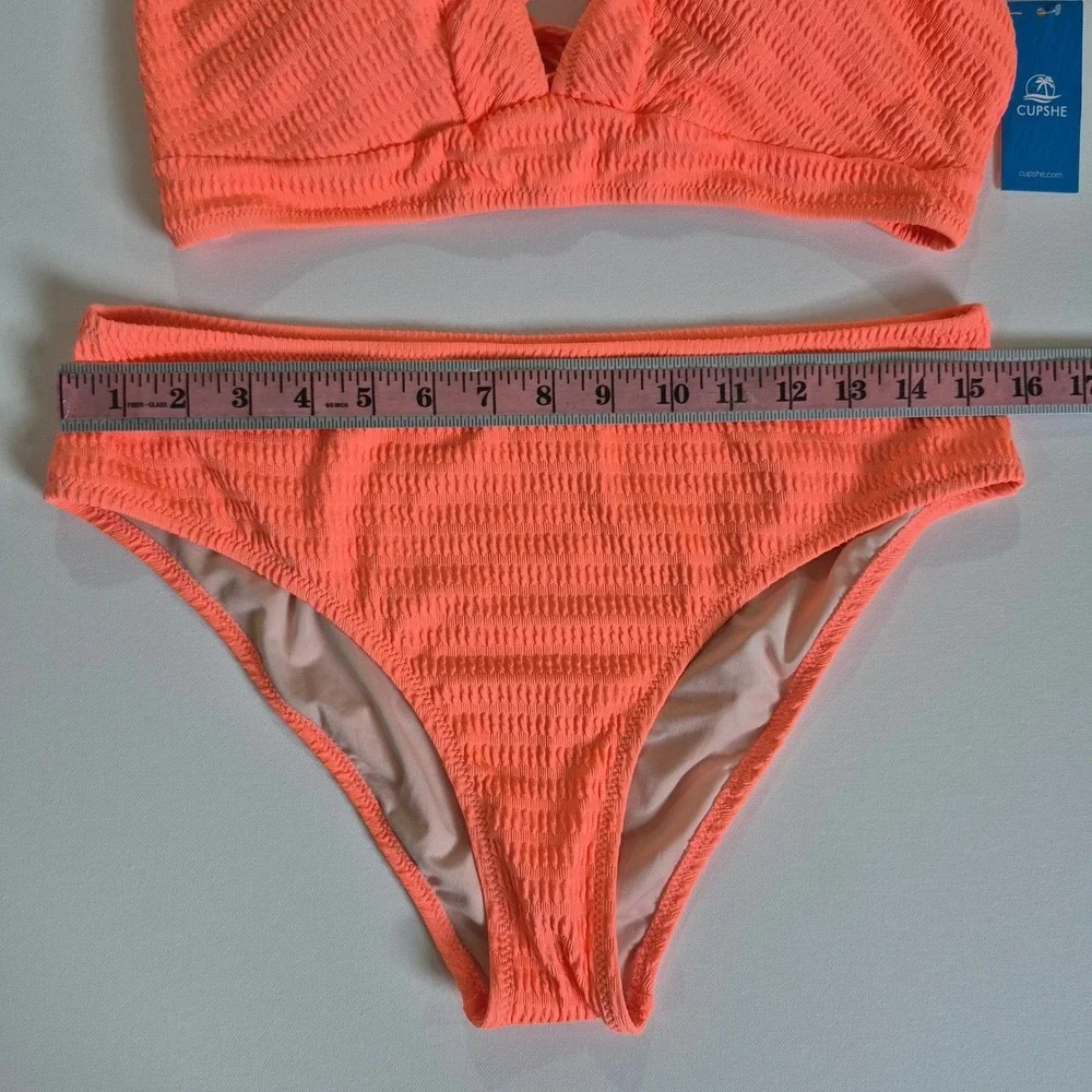 Cupshe Womens Neon Orange Smocked High Waisted Bikini‎ Set Size L New With Tags